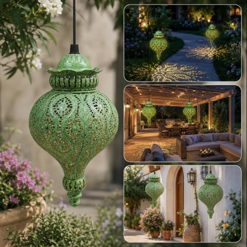 Moroccan Solar Lanterns Outdoor Hanging Garden Decor (2 Pack, Green) - Image 4