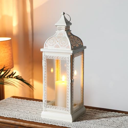 TRIROCKS Rustic Style Metal Candle Lantern 19'' High Decorative Hanging Lantern Candle Holder with Tempered Glass for Christmas Living Room Garden Yard Patio Parties Events Indoors Outdoors(Cream) - Image 2