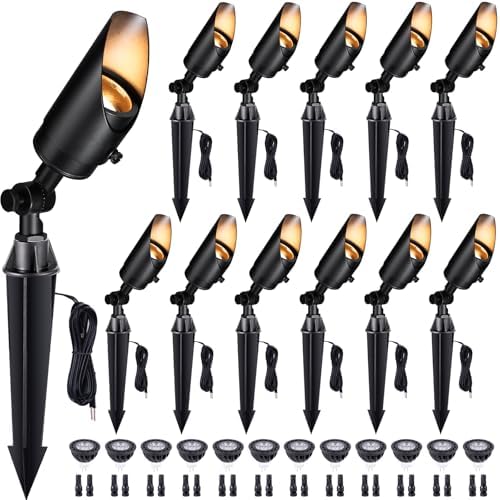 Gardenreet Die-Cast Brass Spot Light LED, Outdoor 12V Uplighting Waterproof, Low Voltage Landscape Lights Metal Black for Fence Fountain, with Warm White MR16 Replaceable Bulbs (12 Pack) by Gardenreet