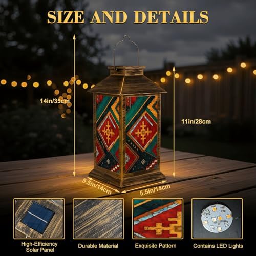 Solar Lantern Outdoor Garden Hanging Lantern Geometric Tribal Rug Red Teal Yellow Motifs Traditional Waterproof Solar Powered Lighting Outside Table Lamp for Patio Deck Yard Camping - Image 2