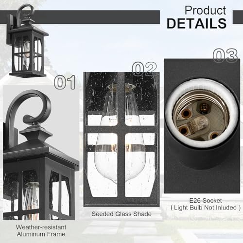 Darkaway Outdoor Light Fixtures Wall Mount, Outdoor Wall Lights Exterior Lighting Fixtures Waterproof Black Outside Wall Sconce with Seeded Glass for House Porch Hallway Garage Front Door - Image 3