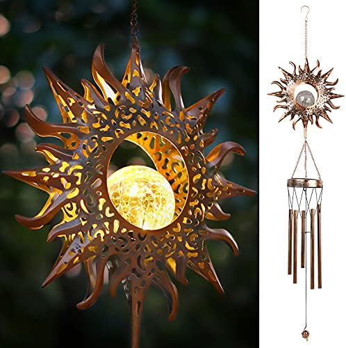 DesGully Solar Wind Chimes, Sun Wind Chime Outdoor Clearance w/Glowing Crackle Glass LED Unique Wind Bells for Outside Waterproof Chimes, Gifts for Her/Him (42" Long Metal Chimes)… by DesGully