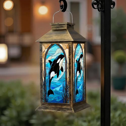 Solar Lantern Outdoor Waterproof Orca Whale Stained Glass Artwork Blue Ocean Design Garden Decor LED Hanging Solar Lights Tabletop Lamp Gifts for Women Mom Outside Yard Patio Porch by DERUINVAIO