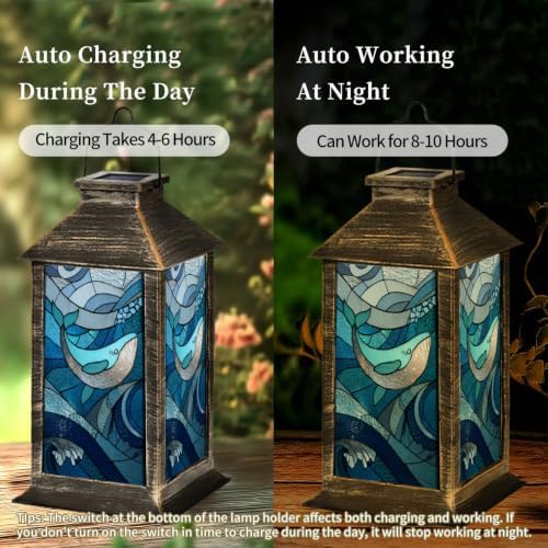 Solar Lantern Leaded Glass Whale Art Dreamy Outdoor Waterproof Garden Hanging Lantern Solar Powered Lighting Outside Solar Light for Patio Yard Camping, Gifts for Women Mom - Image 4