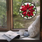 Red Poinsettia Flower Stained Glass Window Hanging Suncatcher Gifts 12" - Image 4