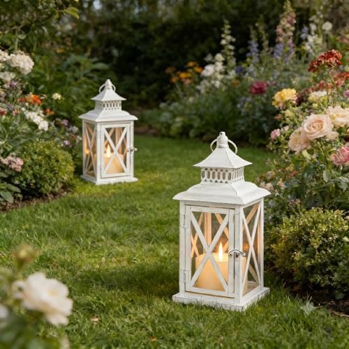 Lantern Decorative Indoor & Outdoor, 2 PCS 14.8''H Large Square Hanging Spring Home Decor, Vintage Metal Decorative Candle Lanterns for Outdoor Patio Wedding Party (White with Black Brush) - Image 7