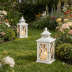 Lantern Decorative Indoor & Outdoor, 2 PCS 14.8''H Large Square Hanging Spring Home Decor, Vintage Metal Decorative Candle Lanterns for Outdoor Patio Wedding Party (White with Black Brush) - Image 7