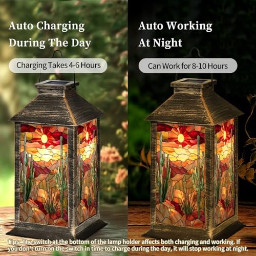Solar Lantern Illuminated Stained Glass Decor Outdoor Waterproof Garden Hanging Lantern Solar Powered Lighting Outside Table Lamp for Patio Deck Camping 1 Pack - Image 3