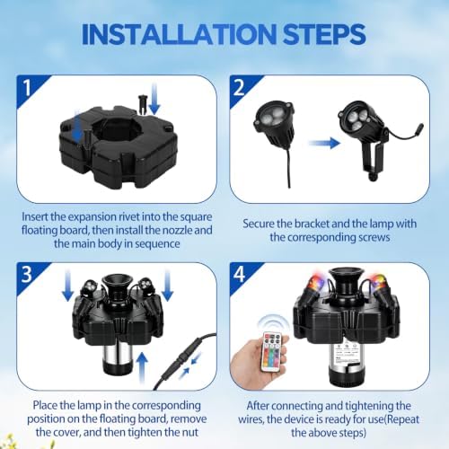Pond Fountain Aerator, With 4 RGB Lights 1HP 110V Floating Fountain Pump - Image 5