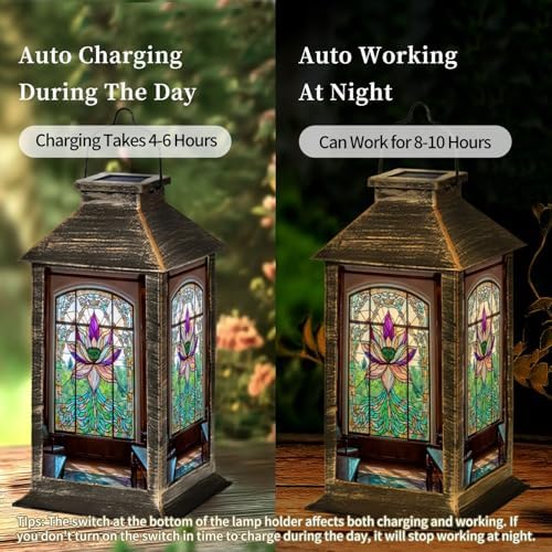 Solar Lantern Victorian Stained Glass Lotus Patterns Outdoor Waterproof Garden Hanging Lantern Solar Powered Lighting Outside Table Lamp for Patio Deck Camping 1 Pack - Image 3
