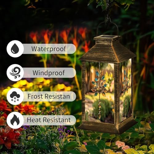 Solar Lantern Tree Stained Glass Brown Blue Clear Leaves Metal Outdoor Waterproof Garden Hanging Lantern Solar Powered Lighting Outside Table Lamp for Patio Deck Camping 1 Pack - Image 2