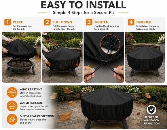 Round Fire Pit Cover for Member's Mark Tabletop Fire Bowl, Compatible con Best Choice Products, Cubierta Redonda de Tela Oxford 420D con Cordón Ajustable para Patio y Jardín,B 96 * 50cm - Image 6