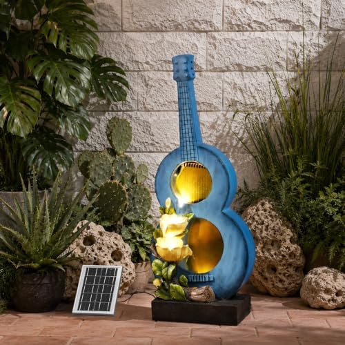 38.2" H Solar Outdoor Water Fountain with LED Lights, Guitar Design Cascading Water Feature for Garden Patio Backyard Porch Yard Decor by Unknown