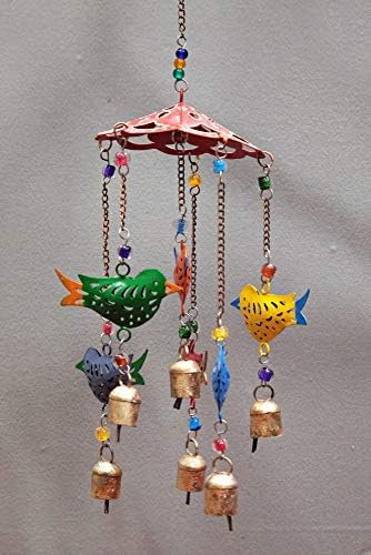 Beautiful Large Wind Chimes Outdoor Sound Rich Relaxing Tones - Carousel with Tin Bells and Beads - Music to Your Ears (6 x 15 inches, Red Green Blue Birds) by IndiaArts
