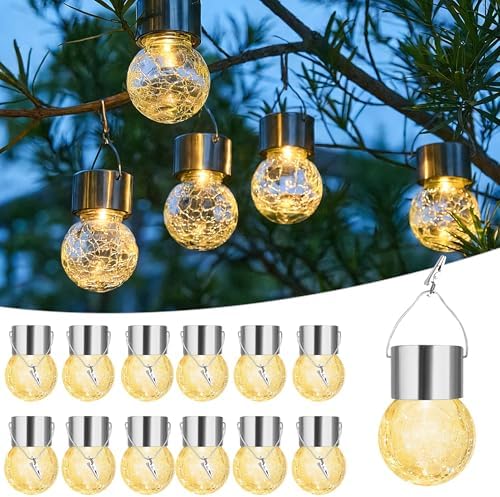 Outdoor Solar Lanterns,Solar Globe Lights Waterproof Hanging Decorative Cracked Glass Balls Light Up Ornaments for Shepherd Hook Tree Umbrella Fence Garden Yard Decor 12 Pack (Warm White) by Unknown