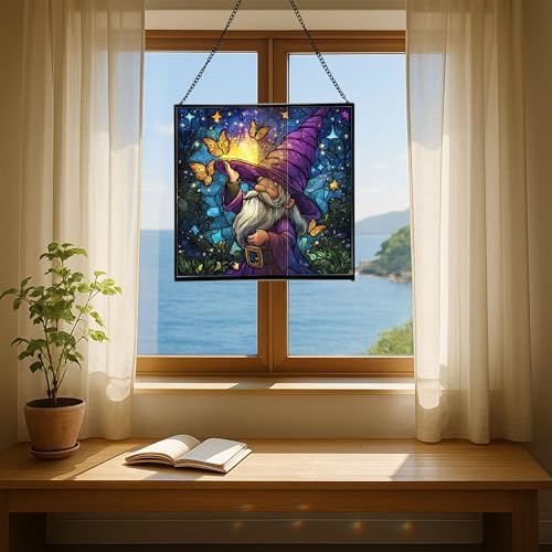 Magic Hat Gnome Stained Glass Suncatcher – Square Hanging Window Panel for Home or Greenhouse – Whimsical Glass Art Gift for Garden Lovers, Christmas, Halloween, Father Days OePCrS - Image 6