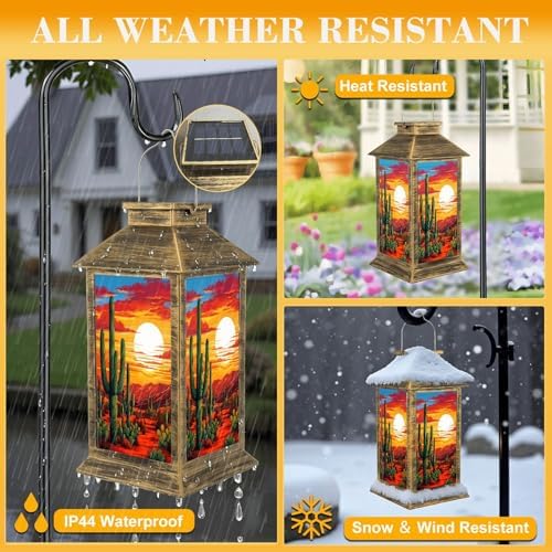 Solar Lantern Outdoor Waterproof Desert Sunset Landscape Saguaro Vibrant Sky Garden Decor LED Hanging Solar Lights Tabletop Lamp Gifts for Women Mom Outside Yard Patio Porch - Image 3