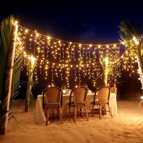 Solar Christmas Lights Outdoor Waterproof Christmas Decorations Curtain Lights 320LED 29.5ft 60 Drops, Solar Powered Rechargeable Fairy Lights for Party, Wedding, Home Decorations(WarmWhite) - Image 2