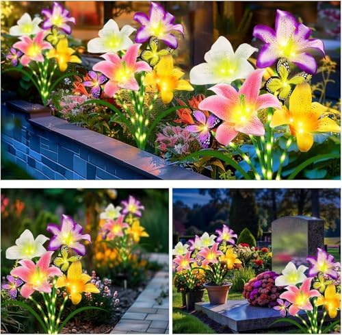 6 Pack Solar Garden Lights LED Solar Lilies Flower Lights, Yard Patio Pathway Decoration High Flexibility Copper Wire Handmade Silk Artificial Flowers Never Wither, Gift for Family, Friends - Image 7