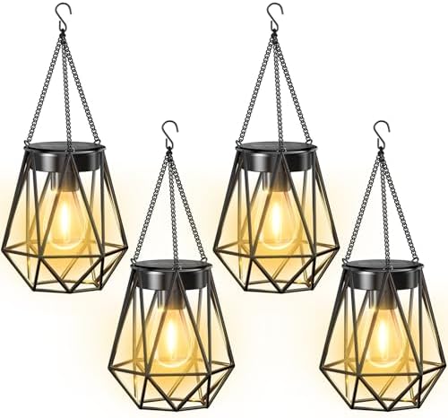 KOOPER 4 Pack Hanging Solar Lanterns Outdoor Waterproof, Metal Hanging Solar Lights for Outside, Upgraded Brighter Outdoor Lanterns Decorative for Garden Patio Yard Porch Gifts for Women Mom Grandma by KOOPER
