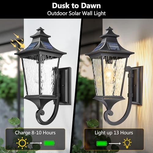 Emliviar Solar Wall Lantern Outdoor, Waterproof Outdoor Sconce Light, Dusk to Dawn LED Exterior Wall Lighting with Water Ripple Glass, Black Finish, 500181-SL SW BK - Image 2