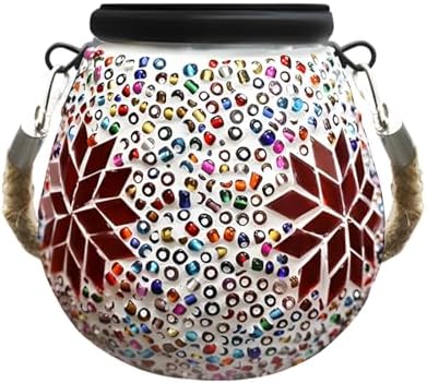 Mosaic Solar Lights Outdoor Waterproof, Hanging Solar Lantern with Stained Glass Design, Maple Leaf Pattern Tabletop Lights, No Wiring, Auto On Off, 4.33 x 4.33 in, 11 x 11 cm for Patio, Garden by Unknown