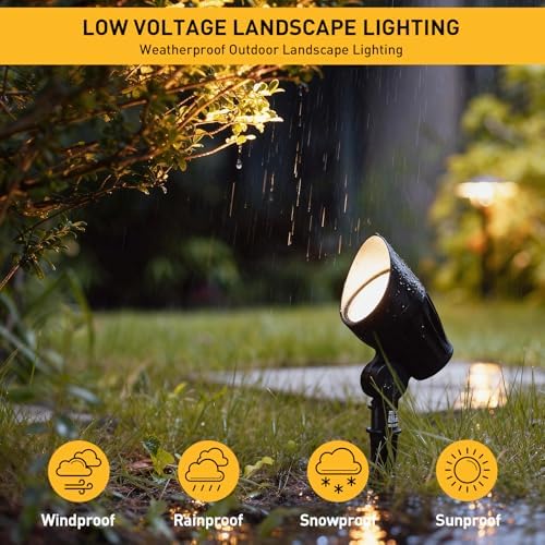 GOLDEN STAR Low Voltage Landscape Lights - 5W 400LM High-Intensity Spotlights, 12V AC Cast Aluminum Flood Lights, 2700K Warm White, Replaceable MR16 LED Bulb, with Corrosion-Proof Stakes - Image 3