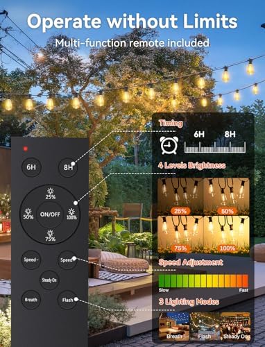 Brightever 150FT Solar String Lights Outdoor Waterproof with Remot, 55+2 Shatterproof ST38 LED Bulbs, Dimmable & 3 Lighting Modes, Warm White Solar Patio Lights for Balcony, Deck, Wedding - Image 4