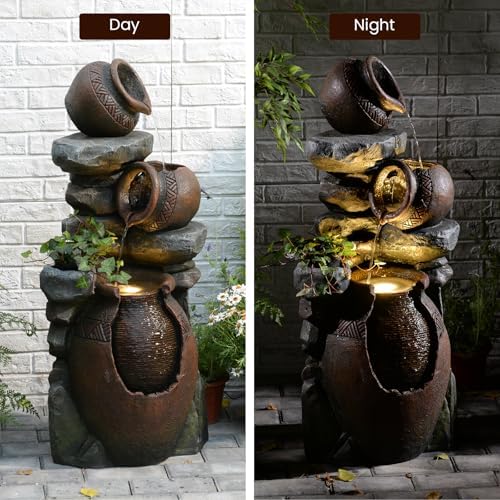 Rustic Jar Outdoor Water Fountain with Planter 38.5" Large Tiered Waterfall with Warm LED Lights, Handcrafted Resin Fountain for Zen Garden, Deck & Indoor Home Decor - Image 6