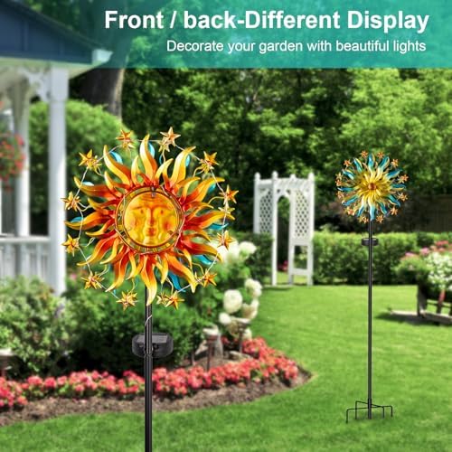 60.3" Solar Wind Spinner with Lights, Double-Sided Sun Face Metal Garden Spinner with Kinetic Back Blades, Solar LED Outdoor Yard Art Decor for Patio Lawn Garden - Image 3