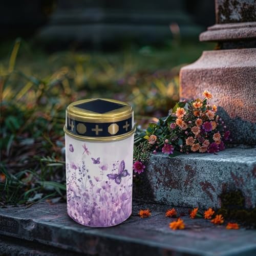 Poceacles Solar Grave Lights for Cemetery Outdoor Waterproof Grave Decorations LED Flameless Candles Outdoor Solar Lights Solar Lamp for Cemetery Path Lawn Yard, Purple Butterfly Floral, Pack of 2 - Image 3