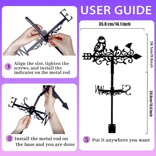 Bird and Vine Weathervane Metal Wind Vane Animal Garden Decoration Direction Sign Indicator Stake Mount Ornament for Farmhouse Yard Roof Outdoor - Image 3