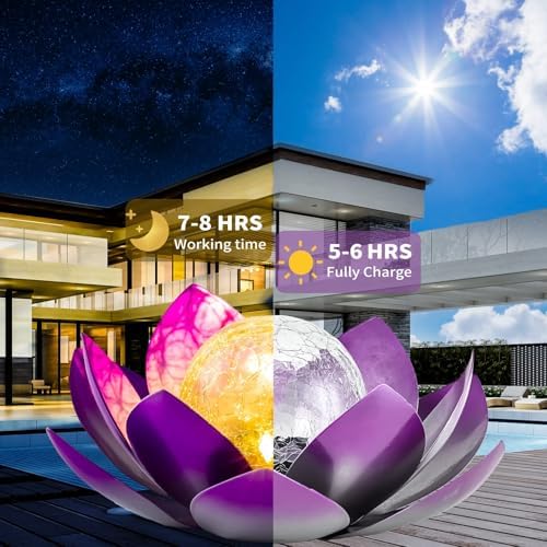 AIINY Solar Light Outdoor Decor Art Crackle Globe Glass Lotus Decoration, Solar LED Waterproof Purple Metal Flower Lights for Patio,Lawn,Walkway,Tabletop(2Pack) - Image 3