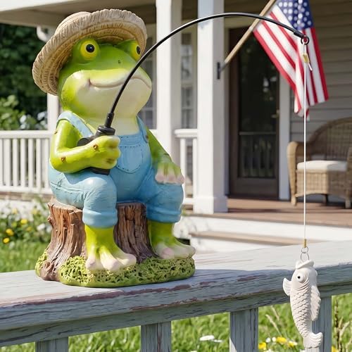 Frog Fisherboy Statue | Outdoor Garden Decor, Resin Animal Statue, Pond Ornaments, Poolside Garden Decor, Koi Fish Pond, Unique Fisherman Gifts by EuirostWelcometovisit