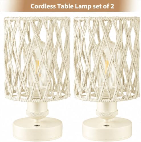 Cordless Outdoor Table Lamps, Small Rattan Boho, Rechargeable Battery Operated for Outdoor Patio, Home, Living Room, Bedroom, Bedside - Set of 2 (Ivory) - Image 2