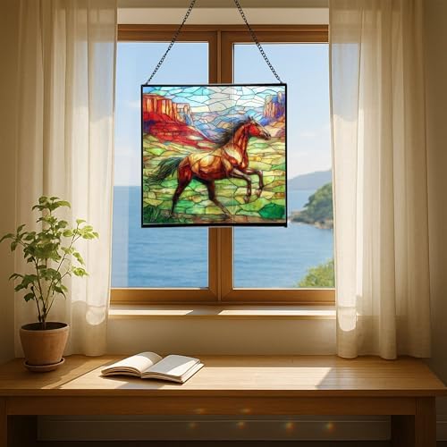 Brown Mustangs Horse cantering Through Open Canyon Floor Square Suncatcher – Stained Glass Style Window Panel with Pastoral Scene, Custom Decorative Hanging Art for Equestrian Home, Christmas ZSuxkT - Image 6