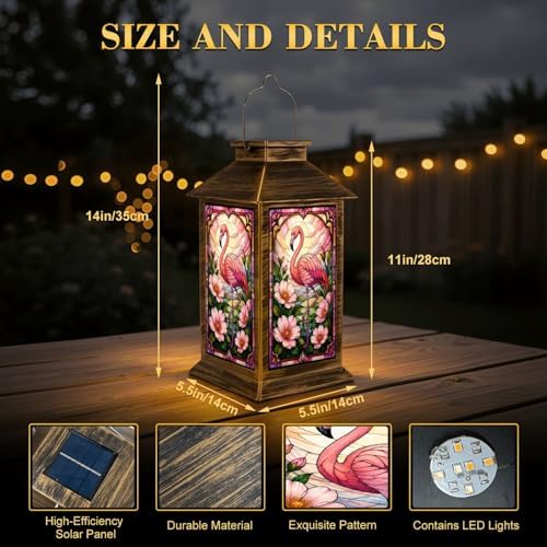 Solar Lantern Outdoor Waterproof Pink Tropical Flowers Stained Glass Garden Decor LED Hanging Solar Lights Tabletop Lamp Gifts for Women Mom Outside Yard Patio Porch - Image 2