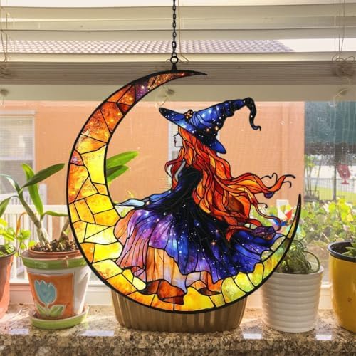 Witch on Crescent Moon Mosaic Acrylic Suncatcher - Image 4