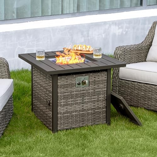 Nuu Garden Propane Fire Pit Table, CSA Certified 30 Inch 50,000 BTU Outdoor Propane Gas Cabinet Square Fire Pit Table, Iron Tabletop, Rattan and Iron Frame, with Lid and Fire Glass Beads, Black - Image 3