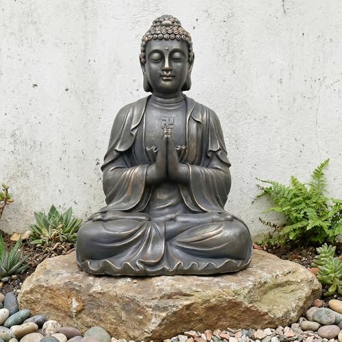 Sculptures Buddha Statue, Garden Statues 23.6 Inch Tall, Large Magnesium Oxide Buddha Sculpture Indoor & Outdoor, Statue for Home Decor Yard Porch Patio, Dark Gray with Gold Accents by GreensWord