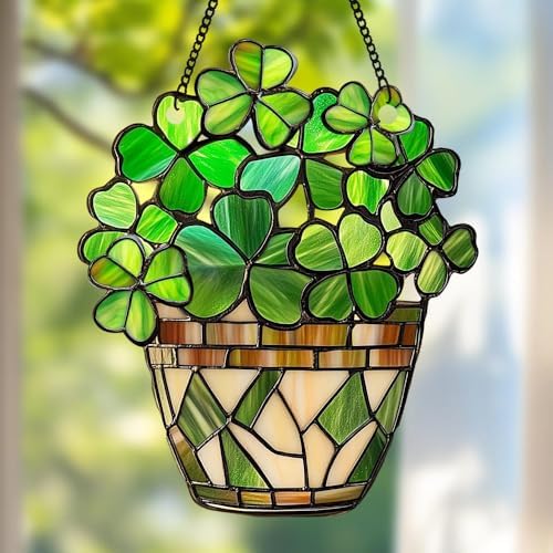 Shamrock Acrylic Suncatcher Size 8 inches, Boho Stained Glass Effect Window Hanging Ornament, Garden Decor, Gift for Mother's Day by XISZYS