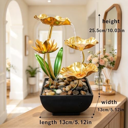 11'' H Gold Tabletop Water Fountain, Zen Desktop Waterfall, with LED Light,Indoor Lotus Desktop Decorative Fountain, Home Bathroom Bedroom Decor. - Image 2