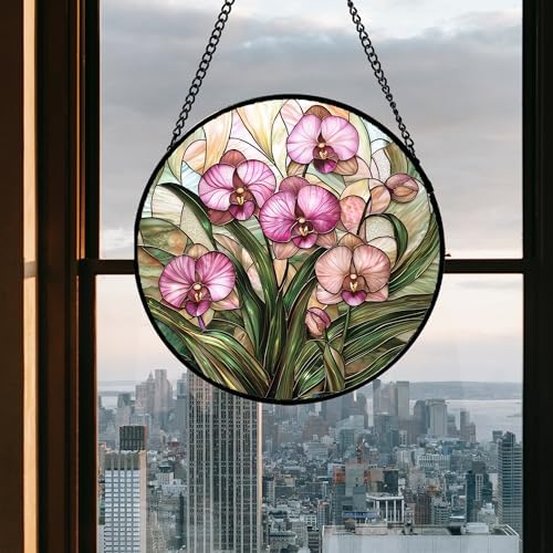 Phalaenopsis Orchid Stained Glass Window Hanging Decor Gifts for Women 9.8" - Image 4