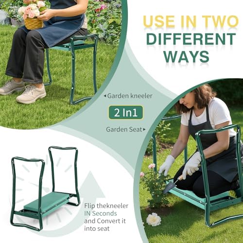 VINGLI 24in Foldable Garden Kneeler and Seat with Tool Pouch, 2-in-1 Function Portable Thicken Soft Kneeling Pad Garden Stool for Backyard, Green, Gifts for Garden Enthusiasts - Image 5
