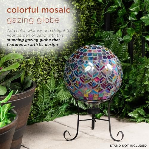 Alpine Corporation - Outdoor Glass Mosaic Peacock Gazing Globe - Iridescent Garden Decor, 10" Diameter, Multicolor - Image 4