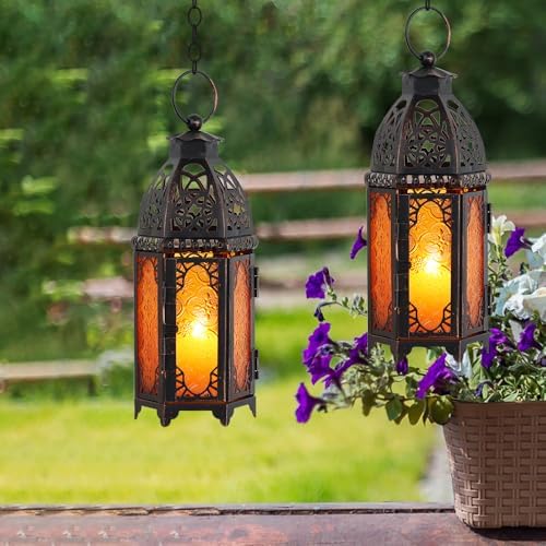 NEEDOMO Set of 2 Moroccan Lanterns Decorative Indoor & Outdoor, Hanging Candle Lantern, 11'' Vintage Candle Holder, Metal Lanterns Decorative, Table, Patio, Porch, Shelf, Gothic Home Decor (Amber) - Image 6