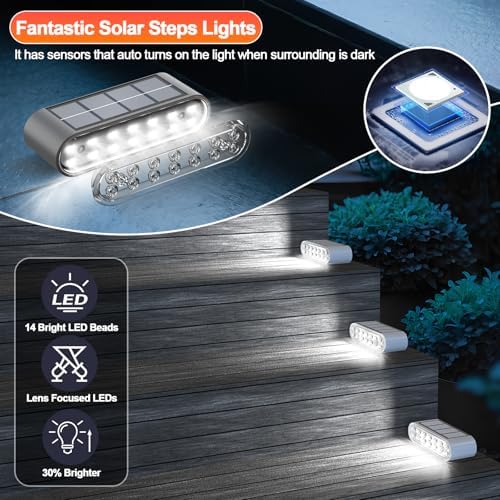Solar Step Lights for Outside, 6-Pack Stair Light Outdoor Waterproof IP67, 14 LED Cool White Light Solar Powered Lighting for Steps, Stairs, Deck, Patio, Walkway, Front Porch Decor - Image 4