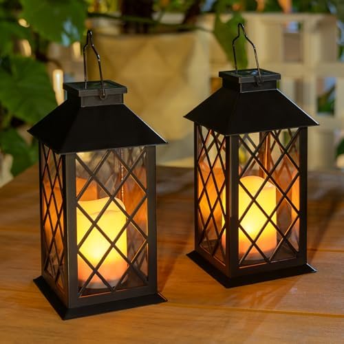 [2 Pack] TAKE ME Black 14" Solar Lanterns Outdoor Waterproof Garden Lanterns LED Candle Lights for Garden Outdoor Decor Mothers Day Gifts by TAKEME