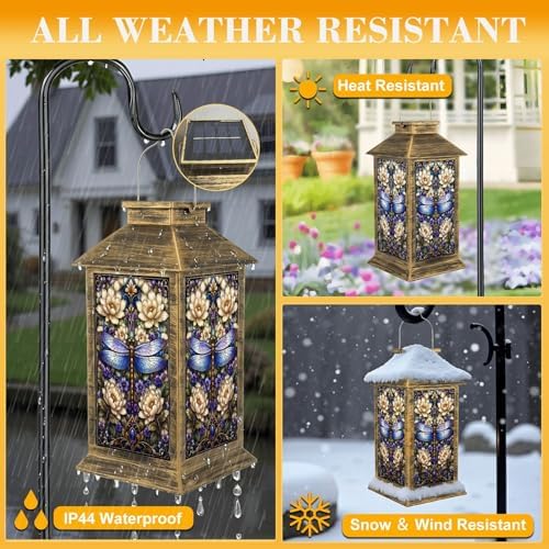 Solar Lantern Outdoor Waterproof Stained Glass Dragonfly Floral Design Soft Pastel Hues Garden Decor LED Hanging Solar Lights Tabletop Lamp Gifts for Women Mom Outside Yard Patio Porch - Image 3