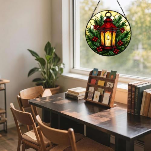 Stained Glass Suncatcher Christmas Lantern Window Hanging, Holiday Home Decor with Red Berries and Pine, Unique Gift for Mom, Wife, Her, Winter Garden Wall Art (Mixed,11.8×11.8 in) - Image 5